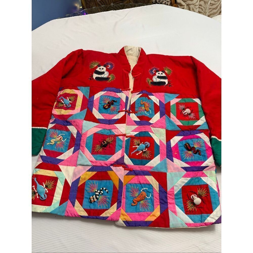 Handmade Chinese Good Luck Blessings Red Quilted Coat Jacket One Size Fits Rare